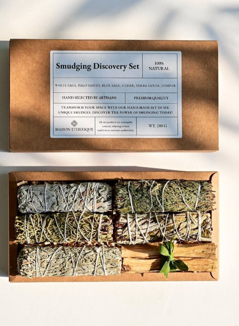 MAISON ETHERIQUE Smudging Discovery Set:  White Sage, Blue sage, Cedar, Juniper, Yerba Santa, Palo Santo - Natural Smudge Sticks - Image 1