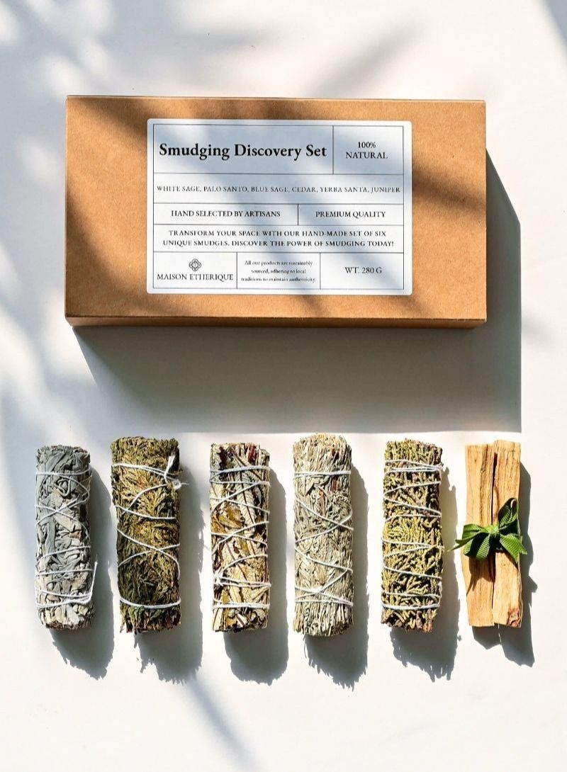 MAISON ETHERIQUE Smudging Discovery Set:  White Sage, Blue sage, Cedar, Juniper, Yerba Santa, Palo Santo - Natural Smudge Sticks - Image 5