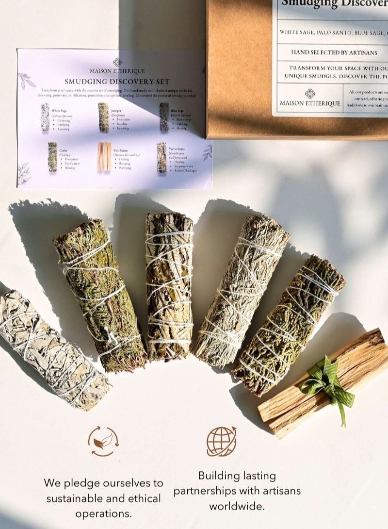 MAISON ETHERIQUE Smudging Discovery Set:  White Sage, Blue sage, Cedar, Juniper, Yerba Santa, Palo Santo - Natural Smudge Sticks - Image 2