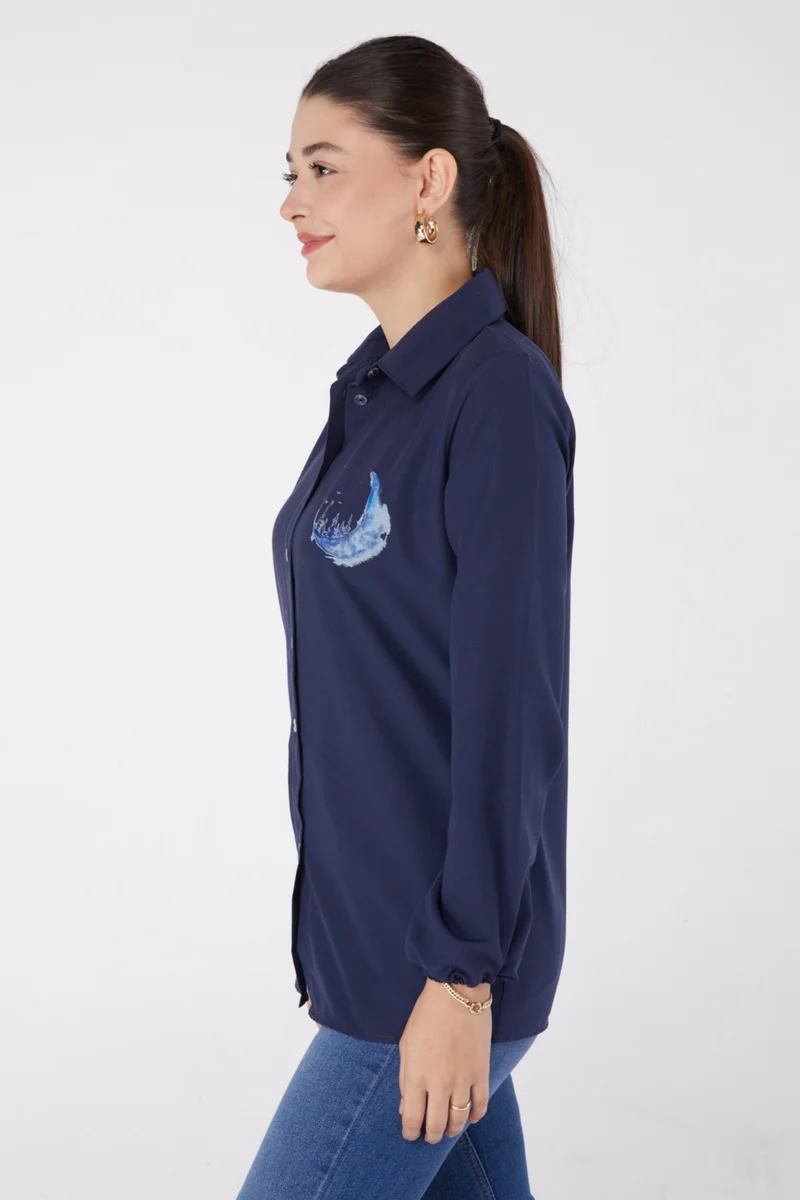 Tofisa Plain Shirt Collar Women's Navy Blue Printed Shirt - 13339