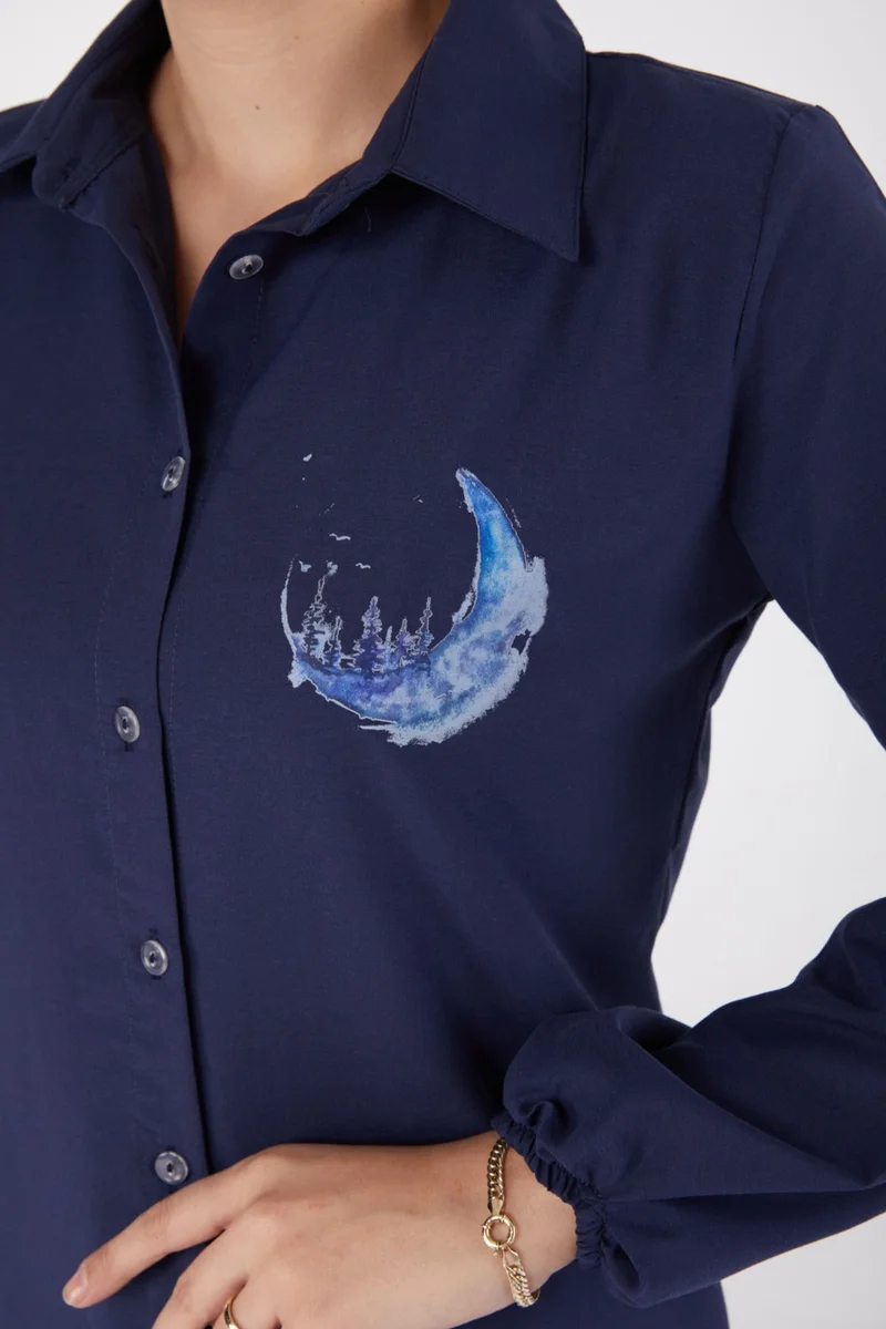 Tofisa Plain Shirt Collar Women's Navy Blue Printed Shirt - 13339