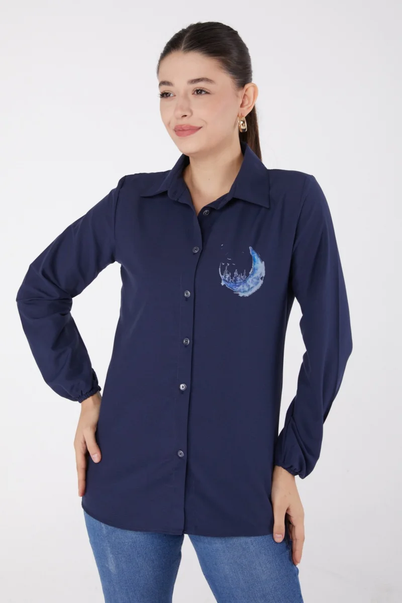 Tofisa Plain Shirt Collar Women's Navy Blue Printed Shirt - 13339