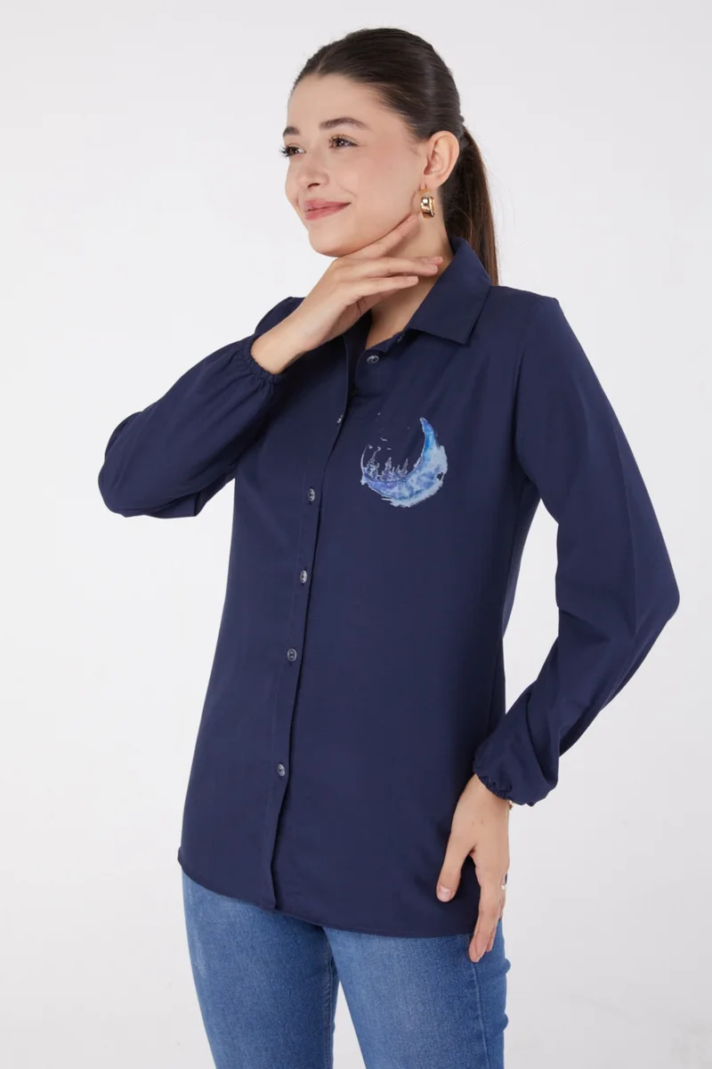 Tofisa Plain Shirt Collar Women's Navy Blue Printed Shirt - 13339