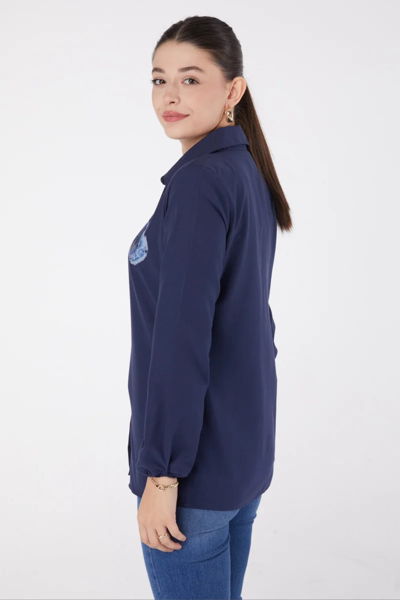 Tofisa Plain Shirt Collar Women's Navy Blue Printed Shirt - 13339