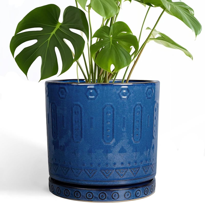Eightpot 10 Inch Plant Pot - Ceramic Planter Outdoor Plant Pot Indoor with Drainage Holes and Saucer Large Flower Pot Round Decorative Planter for Garden Patio Decor Blue - Image 1