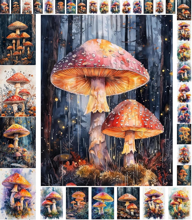 Flonz Decoupage Paper Pack (35 Sheets 6"x8") Forest Fungi: Enchanting Amanita Mushrooms in Mystical Woodland Scenes with Dewy Caps, Soft Lighting and Ethereal Glow Vintage - Image 1