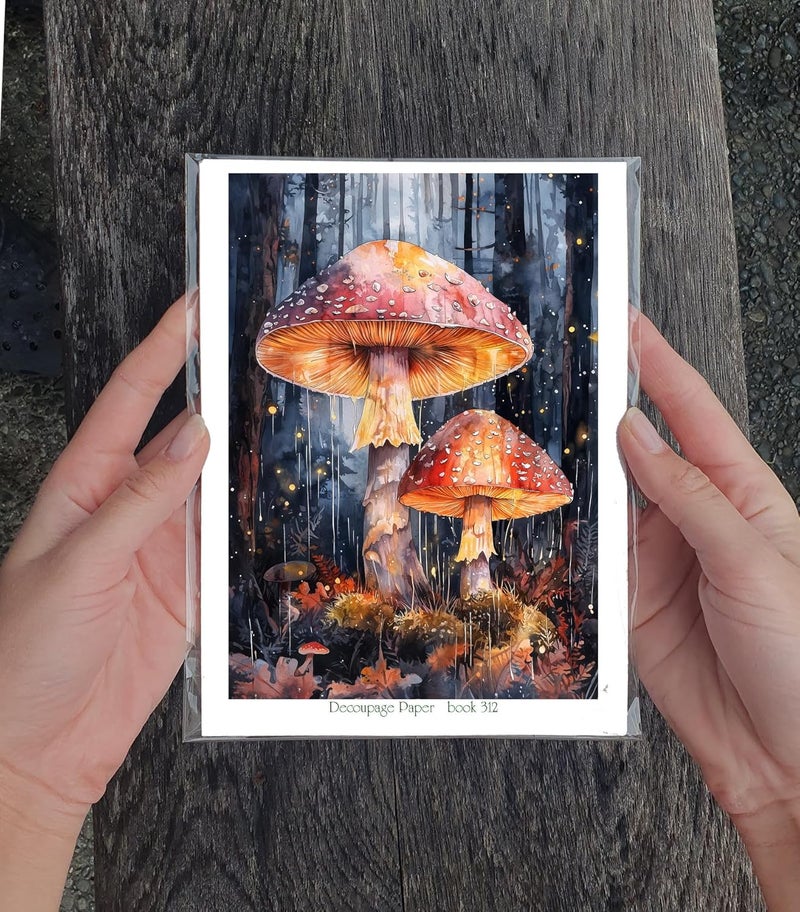 Flonz Decoupage Paper Pack (35 Sheets 6"x8") Forest Fungi: Enchanting Amanita Mushrooms in Mystical Woodland Scenes with Dewy Caps, Soft Lighting and Ethereal Glow Vintage - Image 3
