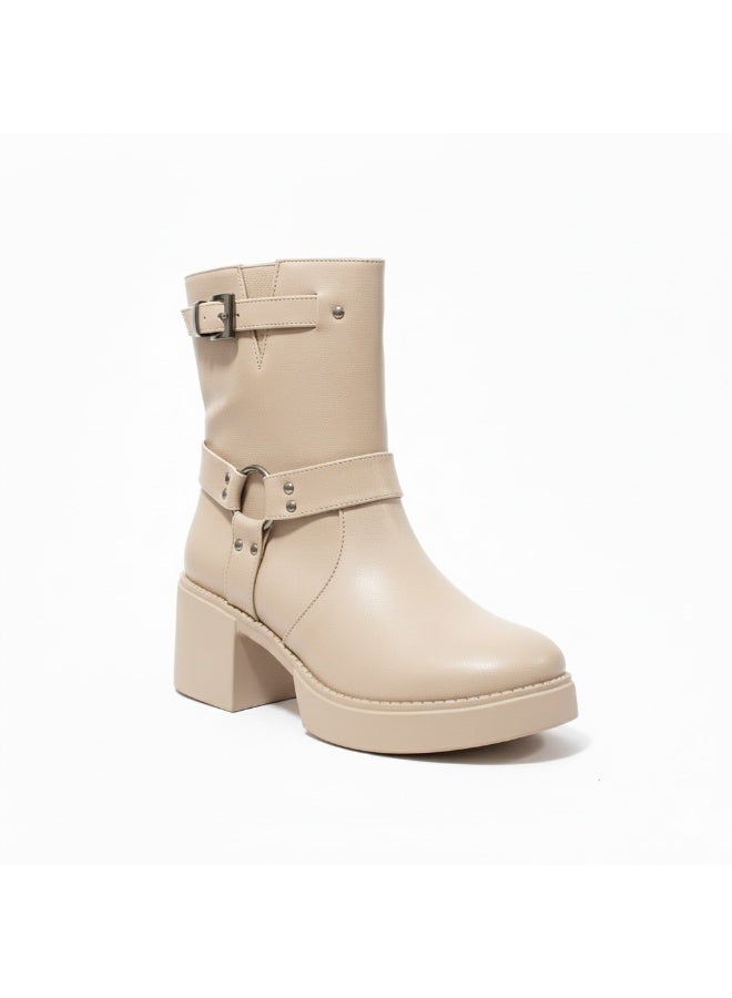 لايف ستيلاش  حذاء كاحل جلد مع ملحقات أنيق E-106 - بيج - Image 2