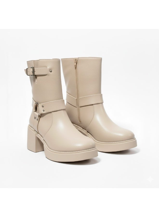 لايف ستيلاش  حذاء كاحل جلد مع ملحقات أنيق E-106 - بيج - Image 3