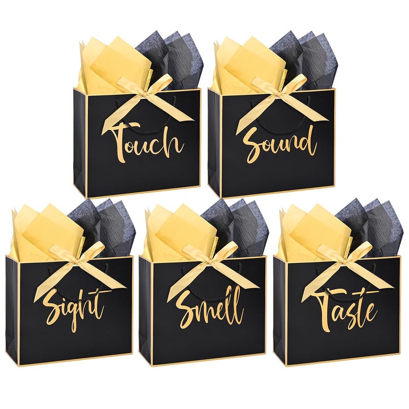 Nimbbex Large 5 Senses Gift Bags for Him Her Gold Foil Sight Smell Touch Taste Sound Gift BagsFive Senses Gift Bag for Him with Handles and Tissue Paper for Birthday Mothers Day Anniversary Christmas12 x 10 x 4 Inch Black - Image 2