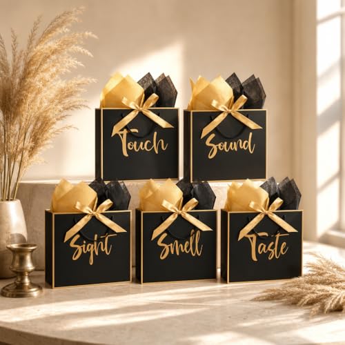Nimbbex Large 5 Senses Gift Bags for Him Her Gold Foil Sight Smell Touch Taste Sound Gift BagsFive Senses Gift Bag for Him with Handles and Tissue Paper for Birthday Mothers Day Anniversary Christmas12 x 10 x 4 Inch Black - Image 3