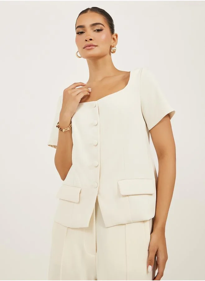 Styli Styli Plain Square Neck Tailored Top with Pocket Detail