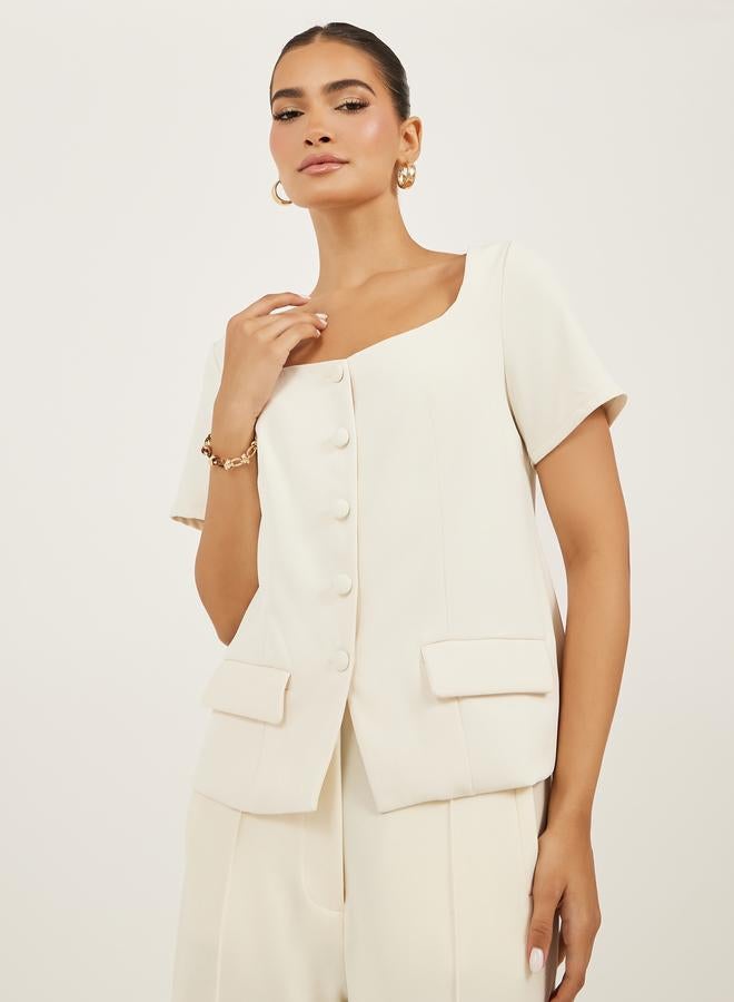 Styli Styli Plain Square Neck Tailored Top with Pocket Detail - Image 1