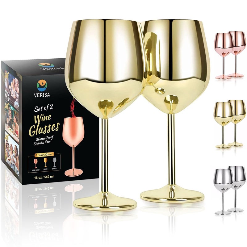 VERISA Stainless steel stemmed wine glasses18oz Unbreakable gold Wine glasses set of 2 Shatterproof wine steel gold goblets set Outdoor red wine glass Metal Wine goblet love is blind