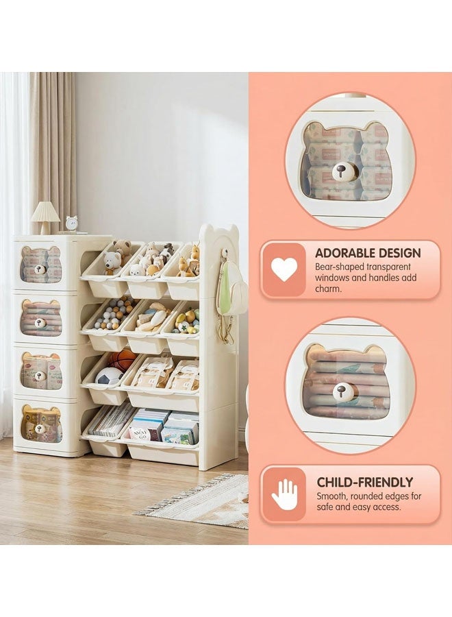بيوينتي منظم لعبة كبير من 4 طوابق مع 12 سلة ودراجات ، وحدة تخزين بلاستيكية صديقة للأطفال للألعاب والكتب وإمدادات الحضانة ، ودبرات شفافة ذات نمط الدب - Image 5