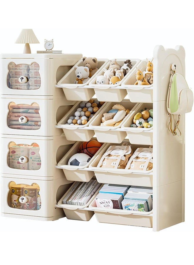 بيوينتي منظم لعبة كبير من 4 طوابق مع 12 سلة ودراجات ، وحدة تخزين بلاستيكية صديقة للأطفال للألعاب والكتب وإمدادات الحضانة ، ودبرات شفافة ذات نمط الدب - Image 1
