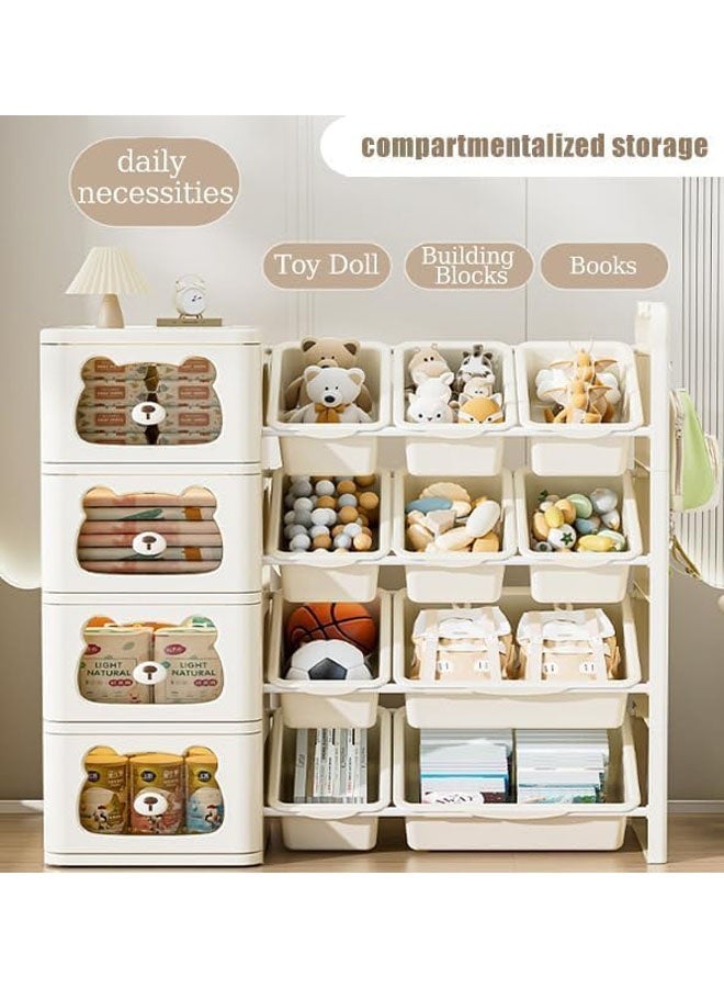 بيوينتي منظم لعبة كبير من 4 طوابق مع 12 سلة ودراجات ، وحدة تخزين بلاستيكية صديقة للأطفال للألعاب والكتب وإمدادات الحضانة ، ودبرات شفافة ذات نمط الدب - Image 3