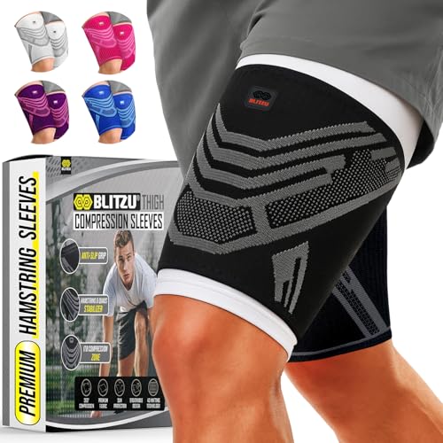 BLITZU Hamstring Compression Sleeve 1 Pair Upper Leg Sleeves Thigh Quad Groin Support for Men and Women AntiSlip Thigh Brace Wrap for Running Workout Sports Recovery Black M - Image 1