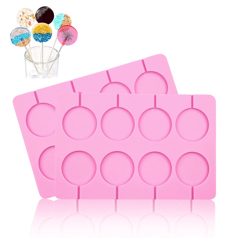 HYCSC Silicone Lollipop Molds 8Capacity Large Sucker Molds Round Chocolate Hard Candy Molds Ice Molds Great for Lollipop Sucker Hard Candy Chocolate Cake pop2PCS