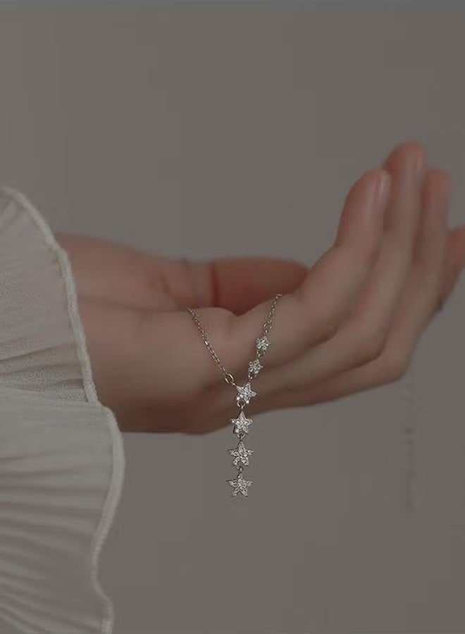 Star Y Necklace 925 Sterling Silver Star Choker Necklace Silver Crystal Star Drop Choker Chain Pendant Necklace Simple Necklace Chain Jewelry for Women Teen Girls  - Image 2
