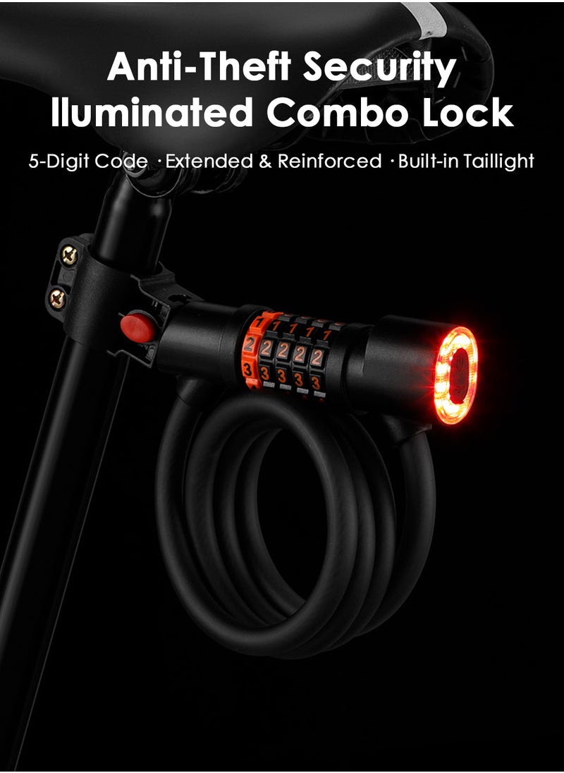 Generic Bike Lock with Light, Bicycle Tail Light Included, 1.2m Lock Length, 12mm Steel Cable Thickness, 5-Digit Anti-Theft Combination Lock for Mountain Bikes, Electric Bikes, and Road Bikes.  - Image 2