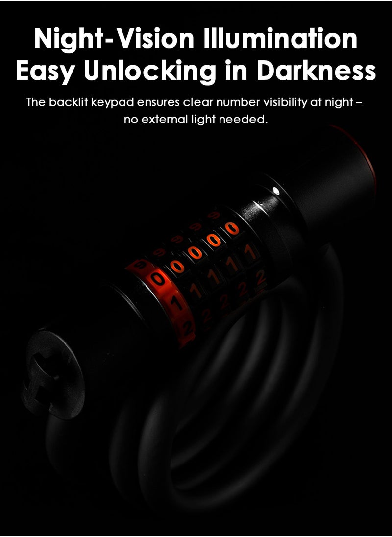 Generic Bike Lock with Light, Bicycle Tail Light Included, 1.2m Lock Length, 12mm Steel Cable Thickness, 5-Digit Anti-Theft Combination Lock for Mountain Bikes, Electric Bikes, and Road Bikes.  - Image 5