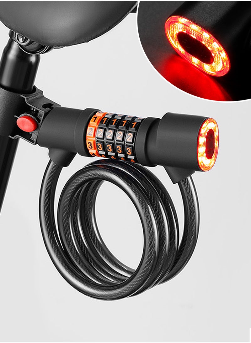 Generic Bike Lock with Light, Bicycle Tail Light Included, 1.2m Lock Length, 12mm Steel Cable Thickness, 5-Digit Anti-Theft Combination Lock for Mountain Bikes, Electric Bikes, and Road Bikes.  - Image 1
