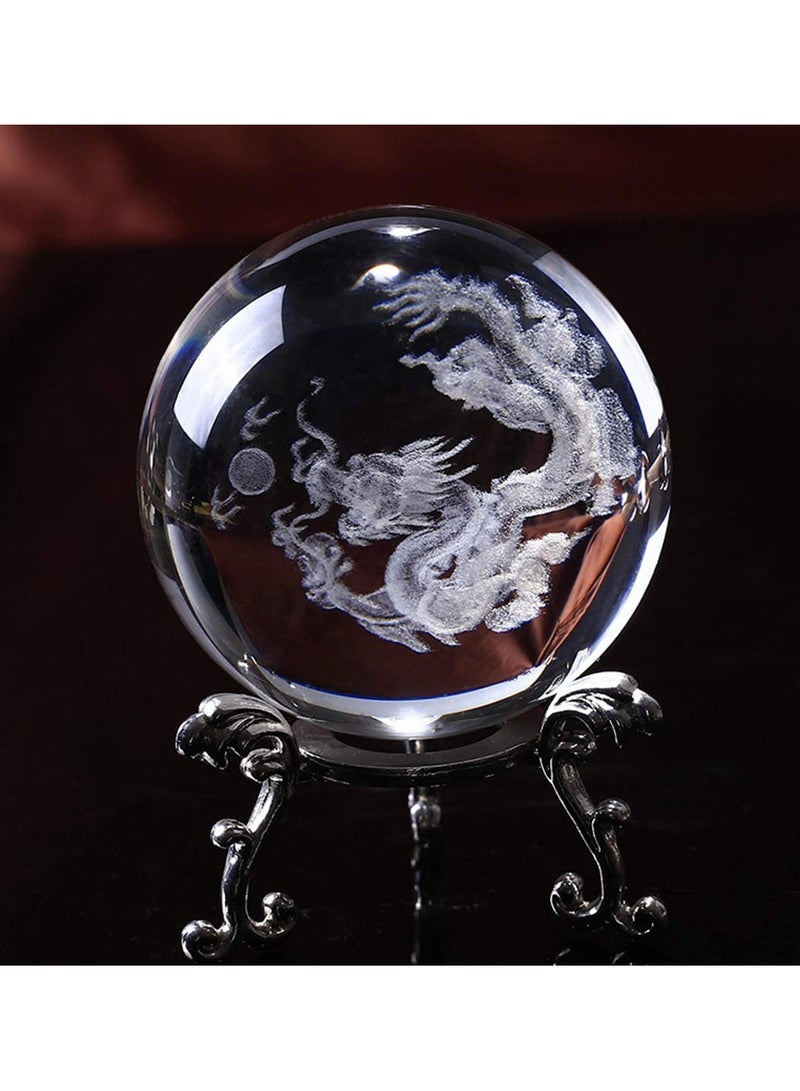 KASTWAVE Crystal Ball Dragon, Decorative Balls, Crystal 2.4 inch (60mm) Chinese Dragon Crystal Ball with Sliver-Plated Flowering Stand, Fengshui Glass Loong Ball Home Decoration - Image 1