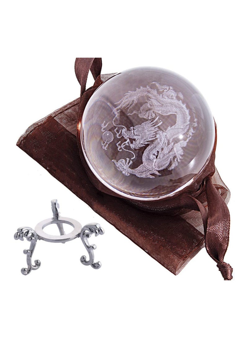 KASTWAVE Crystal Ball Dragon, Decorative Balls, Crystal 2.4 inch (60mm) Chinese Dragon Crystal Ball with Sliver-Plated Flowering Stand, Fengshui Glass Loong Ball Home Decoration - Image 2