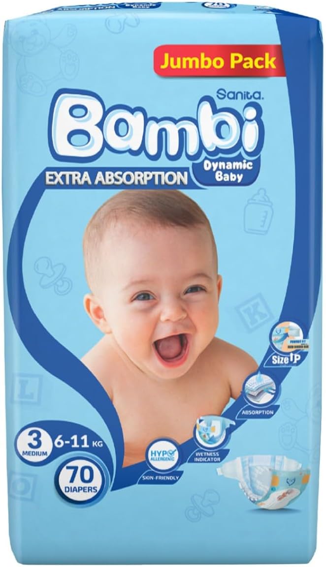 Sanita Bambi, Size 3, Medium, 6-11kg, Jumbo Pack, 70 Diapers