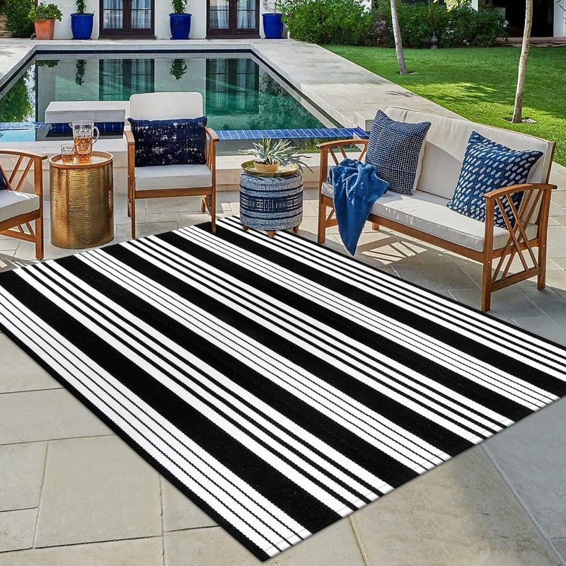 OJIA Black and White Outdoor Rug 4'x6' Cotton Woven Patio Rug Machine Washable Front Door Mat Outdoor Area Rugs Floor Mat for Farmhouse/Front Porch/Balcony/Entryway/Deck/Home Entrance Decor - Image 1