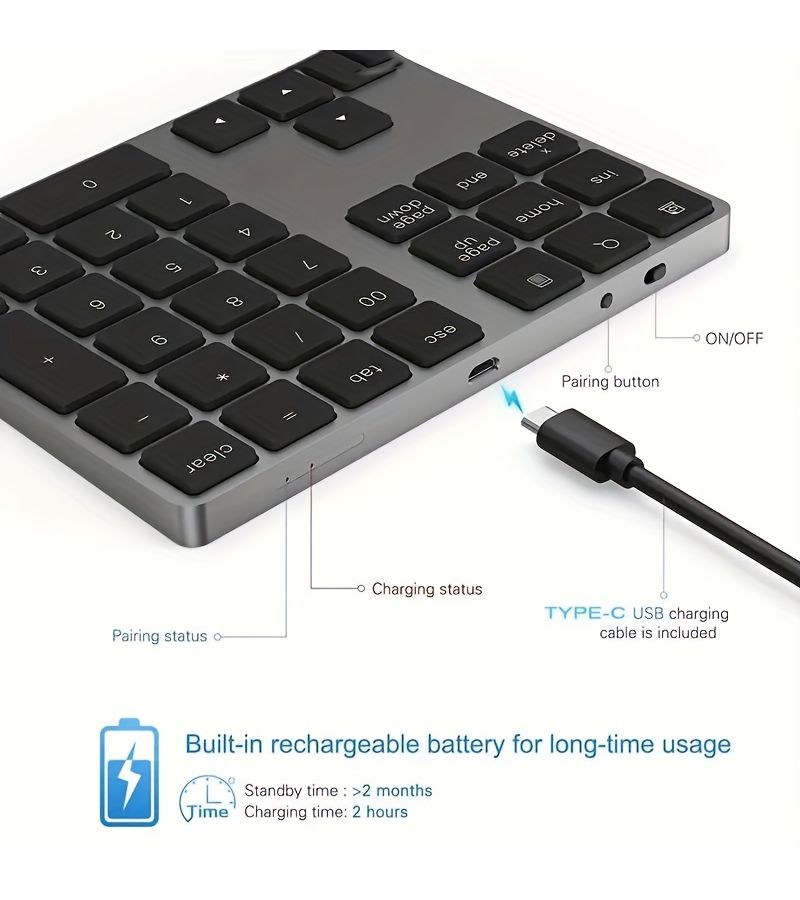 Gray Black 34 Key Bluetooth Numeric Keypad USB C Wireless for MAC OS - Image 4