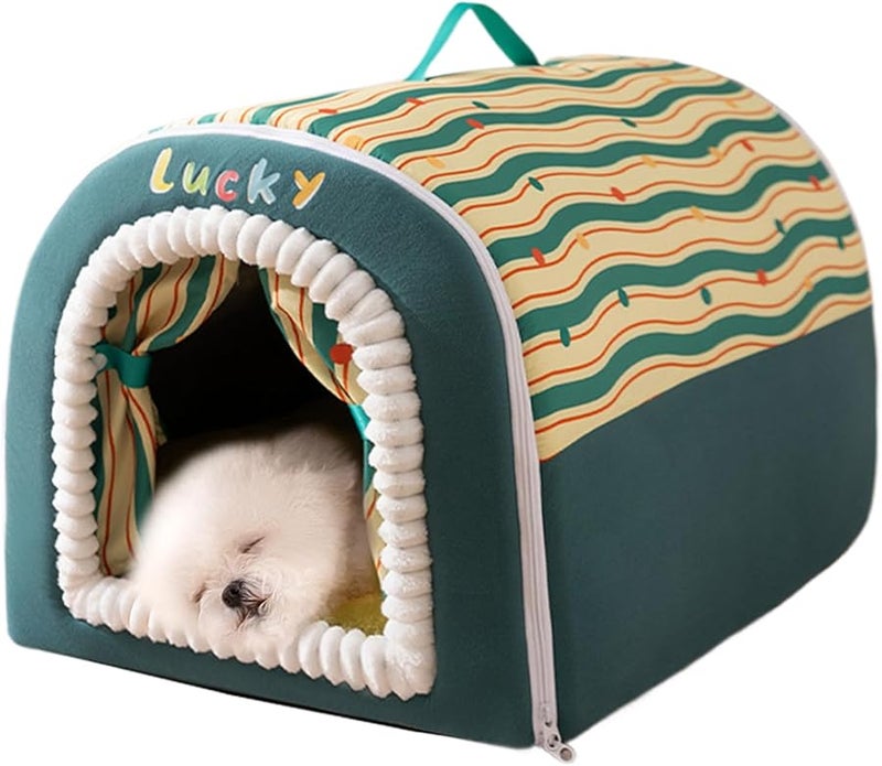 Green Enclosed Cat Bed Soft Washable Kitten Cave with Handle Warm Indoor Outdoor Pet House - Image 2