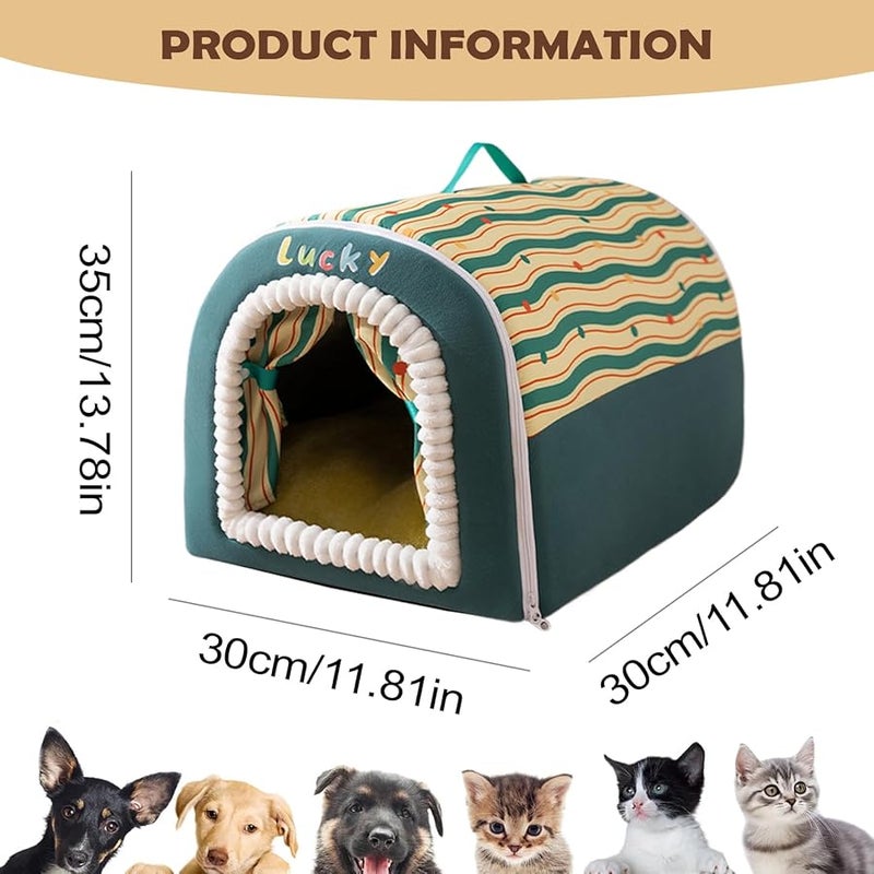 Green Enclosed Cat Bed Soft Washable Kitten Cave with Handle Warm Indoor Outdoor Pet House - Image 3