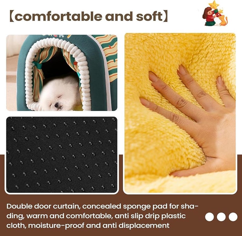 Green Enclosed Cat Bed Soft Washable Kitten Cave with Handle Warm Indoor Outdoor Pet House - Image 4