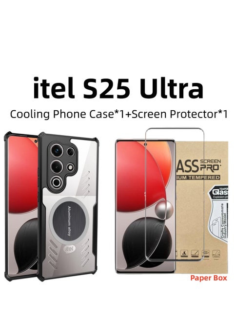 [1+1 Sets] For itel S25 Ultra Case & Screen Protector Magnetic Suction Car Phone Cover with Cooling and Anti Drop Function Tempered Glass Screen Protector