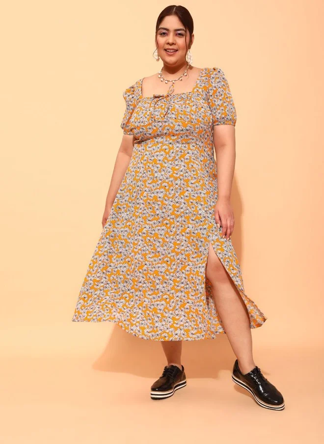 CURVY STREET Floral Printed Crepe Fit & Flare Dress for Women