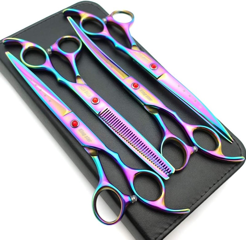 Kingstar 7.0in Titanium Rainbow Professional Pet Grooming Scissors Set,Straight & Thinning & Curved Scissors 4pcs Set for Dog Grooming,(Rainbow) - Image 1