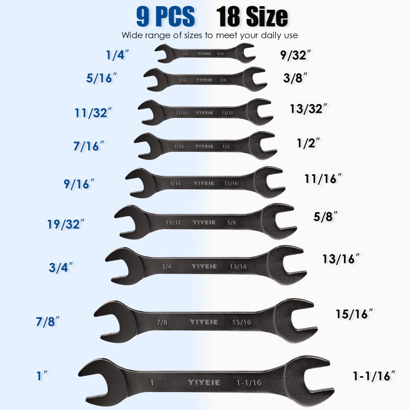YIYEIE 9Pc. Super Thin Wrench Set, SAE 1/4" to 1-1/16", Nickel Plating, CR-V Steel, Ultra-Slim Open End Wrench Set with Rolling Pouch - Image 2