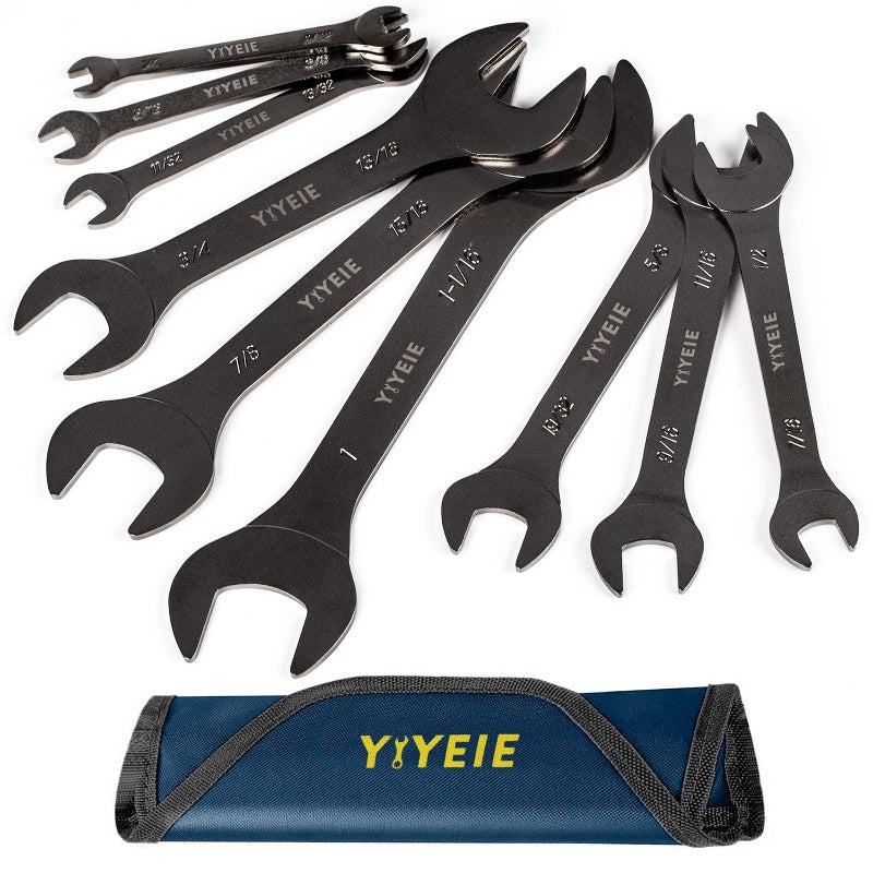 YIYEIE 9Pc. Super Thin Wrench Set, SAE 1/4" to 1-1/16", Nickel Plating, CR-V Steel, Ultra-Slim Open End Wrench Set with Rolling Pouch - Image 1