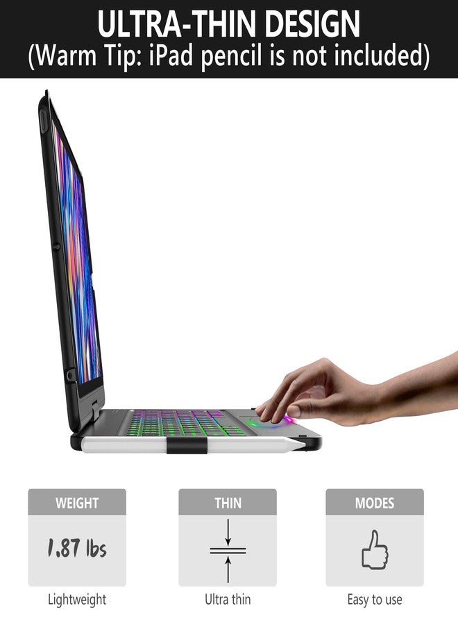 amzcase جراب aMZCaSE لأجهزة iPad من الجيل التاسع/الثامن/السابع مع لوحة مفاتيح وحامل قلم، إضاءة خلفية ملونة، غطاء نحيف قابل للدوران 360 درجة، جراب iPad مقاس 10.2 بوصة مع لوحة مفاتيح بلوتوث لاسلكية، حامل قلم، أسود - Image 5