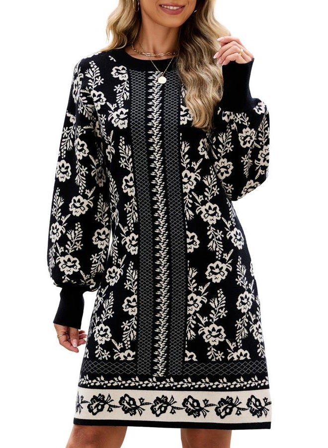Kedera Womens Floral Knit Dress Sweater Pullover Casual Crewneck Long Sleeve Flower Printed Fall Trendy Dressy Outfit, Black, XL - Image 1