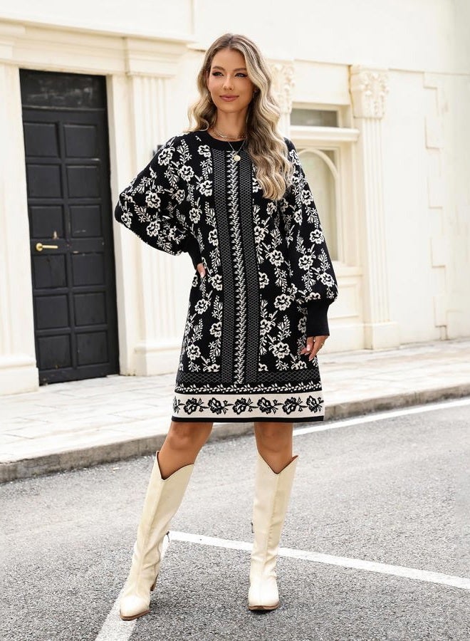 Kedera Womens Floral Knit Dress Sweater Pullover Casual Crewneck Long Sleeve Flower Printed Fall Trendy Dressy Outfit, Black, XL - Image 4