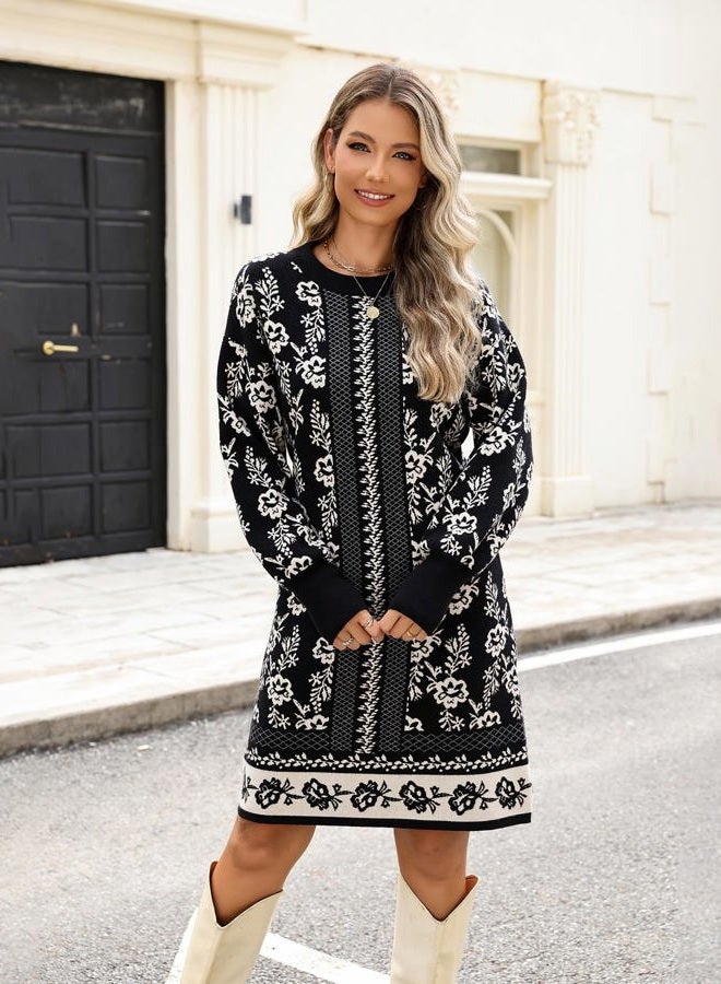 Kedera Womens Floral Knit Dress Sweater Pullover Casual Crewneck Long Sleeve Flower Printed Fall Trendy Dressy Outfit, Black, XL - Image 3