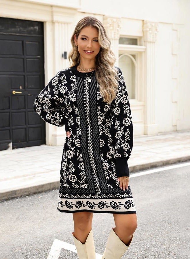 Kedera Womens Floral Knit Dress Sweater Pullover Casual Crewneck Long Sleeve Flower Printed Fall Trendy Dressy Outfit, Black, XL - Image 2