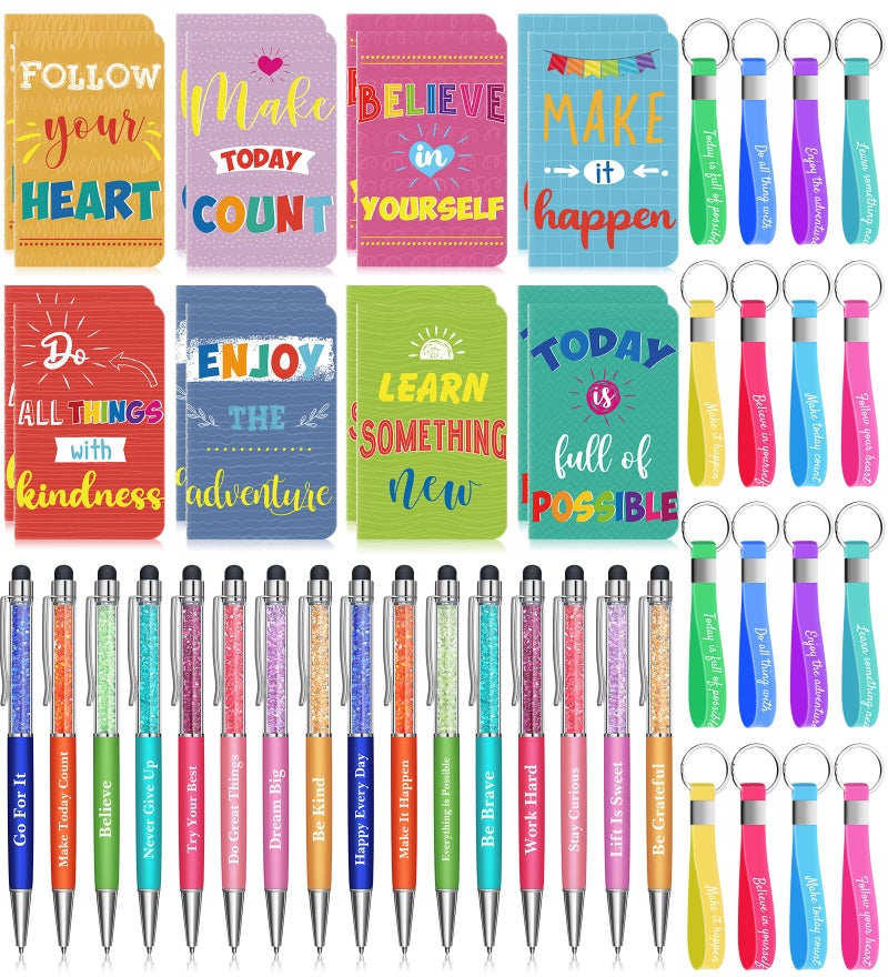 PerKoop 48 Pcs Inspirational Gifts Bulk VBS Notepads 3 x 5 Inch Motivational Ballpoint Pens Keychains Bulk Cute Colorful Journal Notebooks for Office Party Favor Supplies - Image 1