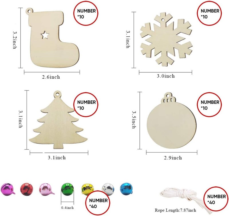 Hidreas 40PCS Christmas Crafts Unfinished Wooden Christmas Ornaments Kit, DIY Ornaments Crafts with 40PCS Colorful Bells and 40PCS Wax Rope for Holiday Decoration and DIY Craft Making - Image 2