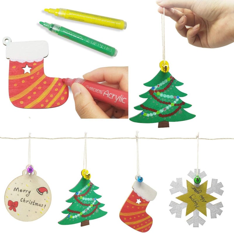 Hidreas 40PCS Christmas Crafts Unfinished Wooden Christmas Ornaments Kit, DIY Ornaments Crafts with 40PCS Colorful Bells and 40PCS Wax Rope for Holiday Decoration and DIY Craft Making - Image 4
