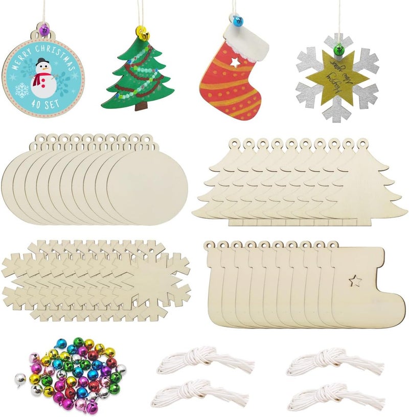 Hidreas 40PCS Christmas Crafts Unfinished Wooden Christmas Ornaments Kit, DIY Ornaments Crafts with 40PCS Colorful Bells and 40PCS Wax Rope for Holiday Decoration and DIY Craft Making - Image 1