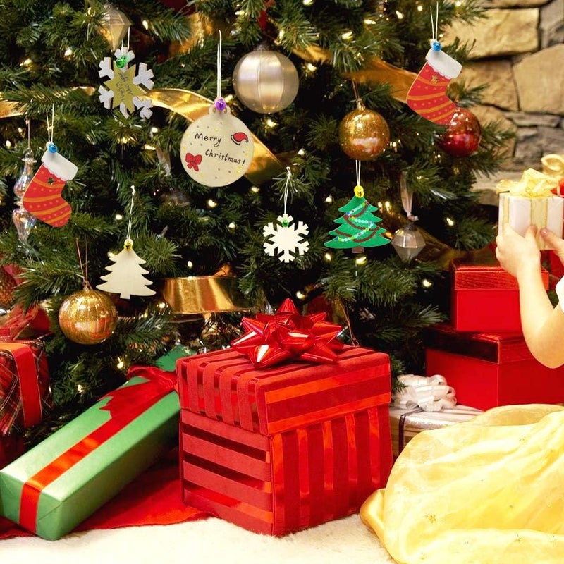 Hidreas 40PCS Christmas Crafts Unfinished Wooden Christmas Ornaments Kit, DIY Ornaments Crafts with 40PCS Colorful Bells and 40PCS Wax Rope for Holiday Decoration and DIY Craft Making - Image 5